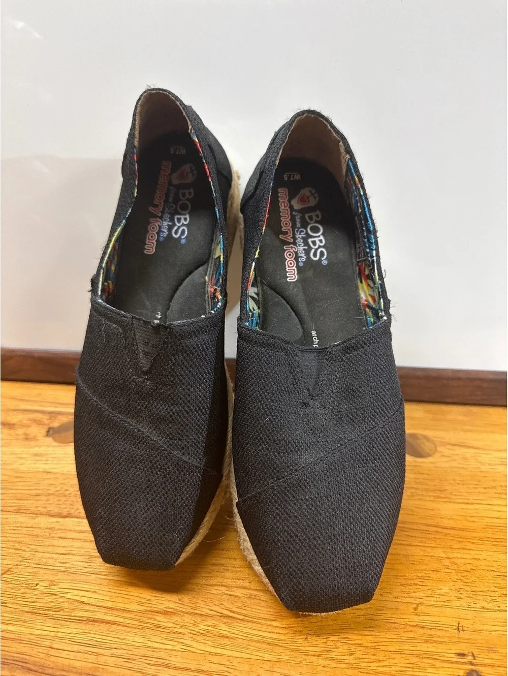 BOBS 7.5 Skechers Women's Black Espadrille Memory Foam Slip-On Shoes, Size 7.5
